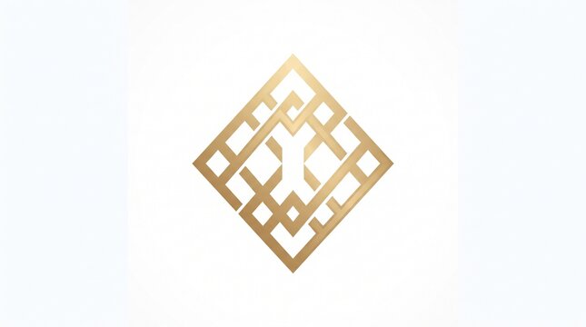 Elegant gold geometric diamond logo, intricate maze labyrinth lines forming abstract lion head, luxurious minimalist pattern, premium fashion boutique emblem on white background.