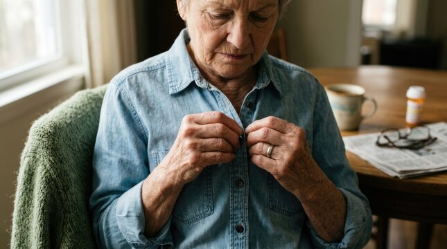 Senior individual struggle: arthritis motion, button difficulty, joint condition, fragile digit, daily chore, limited function, aging hand, independent resolve.