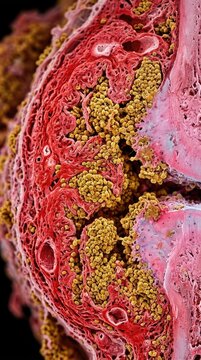 Biological interface breakdown: osteoarthritis disease, arthrosis process, arthritis symptom, osteoarthrosis change, cartilage degradation, bone erosion, microscopic detail.