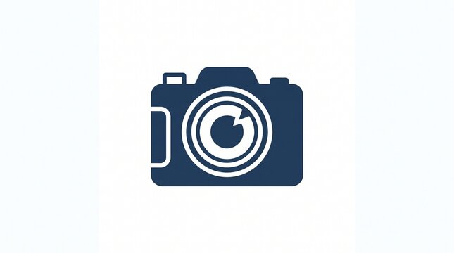 Flat navy blue camera logo, minimalist DSLR icon with bold white circular lens, shutter arrow integrated in center, clean modern photography emblem on white background.