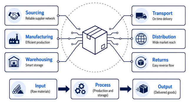 Supply chain ecosystem infographic with cargo box hub