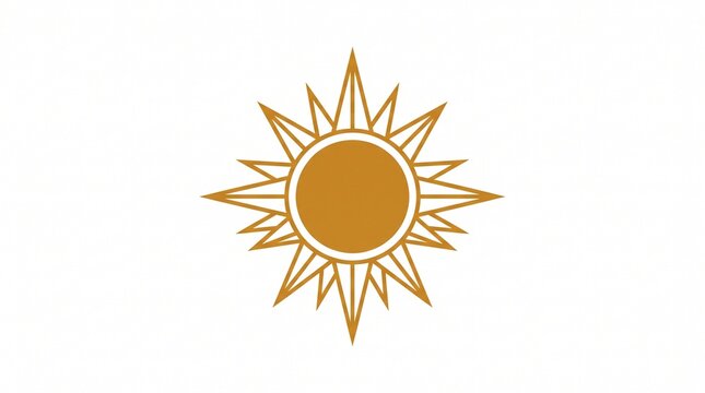 Minimalist golden sun logo, solid circle center with sharp geometric starburst rays radiating outward, elegant symmetrical solar emblem representing energy, warmth, luxury on white.