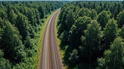 Obraz premium Aerial view of empty railway tracks winding through dense green forest. Long train route cuts through woodland trees. Peaceful nature landscape with railroad path for transport. Quiet countryside