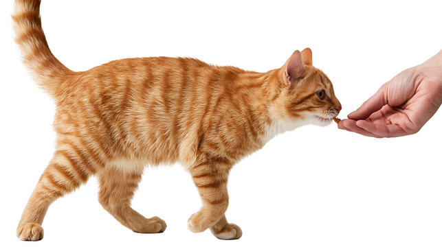 Ginger tabby cat eating a small treat from a human hand