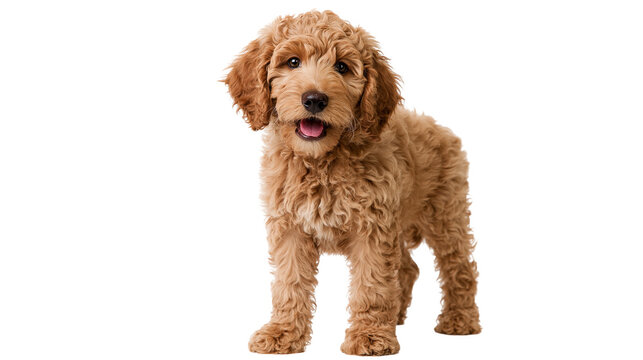 Cute curly golden brown Labradoodle puppy standing and looking at camera