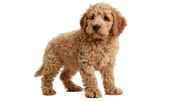 Fluffy golden brown Goldendoodle puppy standing and looking forward