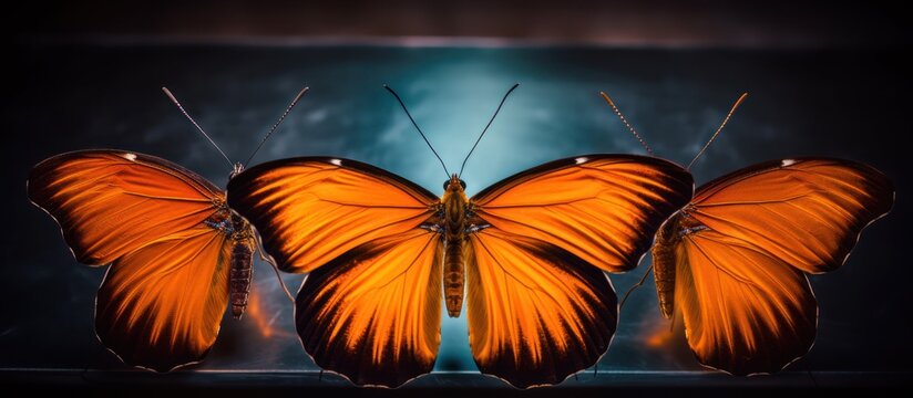 Three Vibrant Orange Butterflies Displayed in a Symmetrical Arrangement.