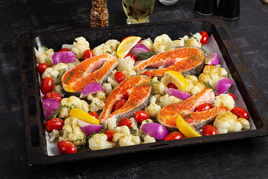 Raw Salmon Steaks with Cauliflower and Cherry Tomatoes