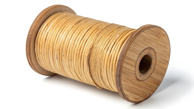 Wooden spool holding a long coil of natural fiber twine sits isolated against a clean white background.