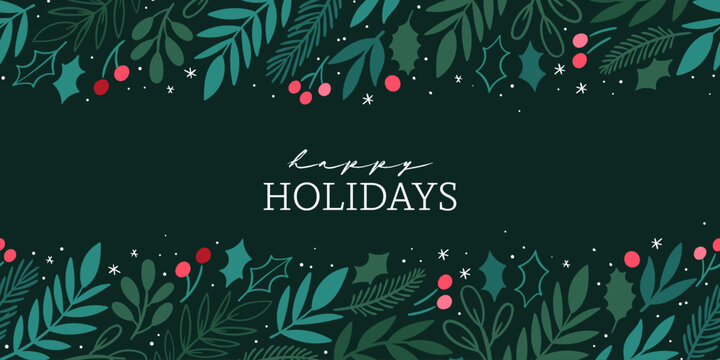 Lovely hand drawn Christmas design, cute greenery, berries and snowflakes, great for cards, invitations, banners - vector