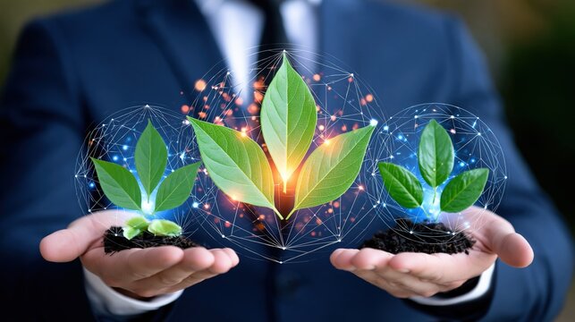 Persons hands cradle young plants within futuristic glowing networks.