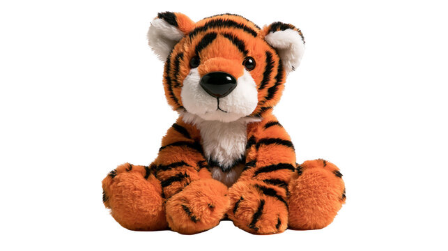 Cute orange and black striped plush tiger toy sitting upright
