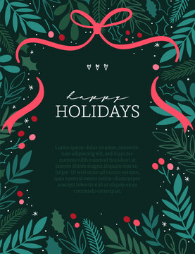 Lovely hand drawn Christmas design, cute greenery, berries and snowflakes, great for cards, invitations, banners - vector