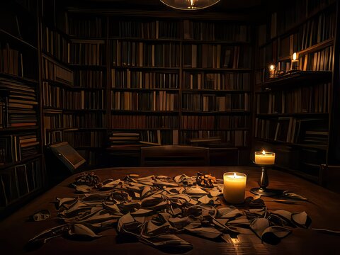 Dimly lit old library study room with candles burning on a wooden table.