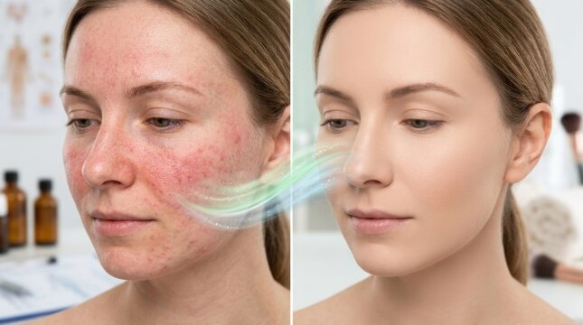 Rosacea cosmetic dermatology: skin inflammation, facial redness, vascular disorder, medical treatment, complexion healing, epidermal soothing, clinical cure.