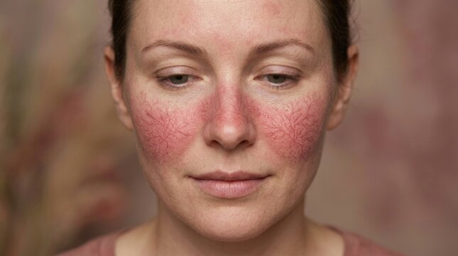 Facial vascular erythema: rosacea condition, cosmetic dermatology, cutaneous redness, cheek inflammation, skin disorder, medical diagnosis, capillary flush, epidermal flush.