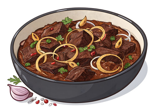 Lamb Bhuna  thick dark lamb bhuna with caramelized onions and spices, premium vector style