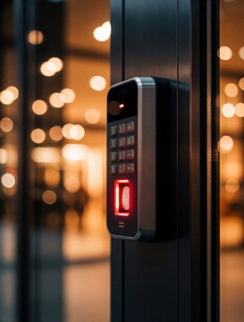 Modern biometric scanner with red light on metal door. Digital fingerprint reader, keypad for secure access control. High tech security system installed at office entrance smart building to verify