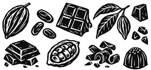 Naklejka premium Cocoa chocolate linocut icon set. Cacao pods, raw beans, broken bars, curled shavings and decorative praline confectionery. Hand drawn black vector illustration in vintage woodcut print style.