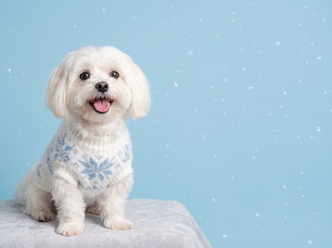 Maltese dog in white Nordic snowflake sweater on light blue background with falling snow