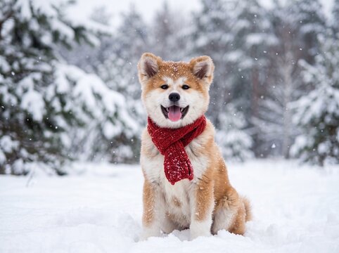Happy Akita Inu puppy wearing red knitted scarf sitting in snowy winter forest