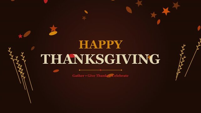 Warm premium Thanksgiving greeting animation featuring bold golden Happy Thanksgiving typography with falling autumn maple leaves, wheat stalks, and harvest celebration elements on a deep burgundy bac