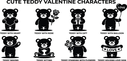 Obraz premium Cute Teddy Bear Love Icons Set Romantic Valentine’s Day Bear Collection