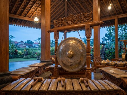 Close-up of bronze gamelan gong and metallophone in a Javanese pavilion with warm lamp light, traditional Indonesian orchestra instruments
