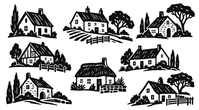 Country house linocut icon set. Rural cottages, farmhouses, thatched roofs, stone walls, fences and leafy garden trees. Hand drawn black vector illustration in vintage woodcut print style.