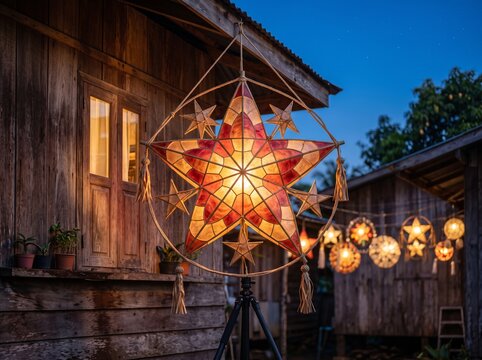 Filipino parol Christmas star lantern made of bamboo and capiz shells glowing at blue hour, Philippines tradition