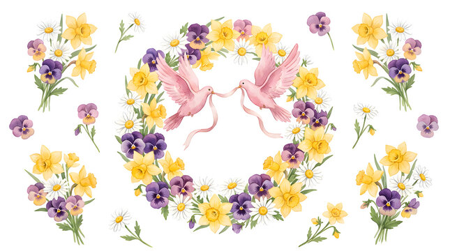 Watercolor pink doves flying inside a floral wreath decorated with yellow daffodils purple pansies and white daisies isolated on transparent background