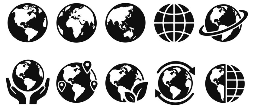 Globe solid icon set. Earth continents, map pins, hands, leaves and circular arrows in black glyph vector silhouettes for global business, travel, geography, sustainability and environmental websites.