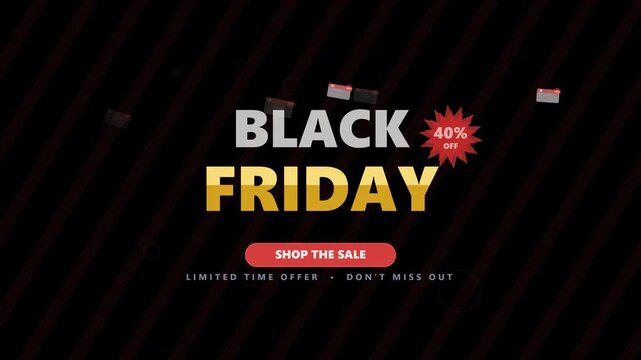 High-impact Black Friday sale motion graphics with bold percentage discount typography, price tag cascade, urgency pulse effects, and neon accent highlights on a deep black backdrop. Designed to drive