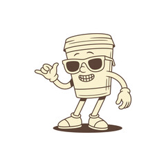 Obraz premium Cool summer coffee paper cup cartoon character contoured vector flat illustration. Funky smiling minimalist caffeine morning hot beverage mascot in stylish sunglasses surf gesture