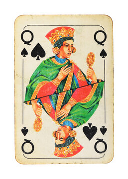 Old vintage Queen of Spades playing card isolated on white