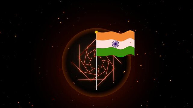Indian flag waving with Ashoka Chakra against dark cosmic background animation