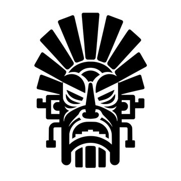 Traditional ethnic mask vector design in Tiki, Mayan, or Aztec style with bold expression and geometric headpiece.