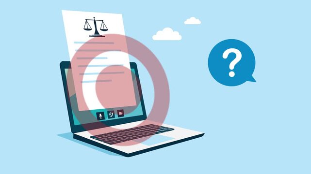 Online legal advice. Mutual benefit and success. Big laptop, justice and law application. Business 2d animation video