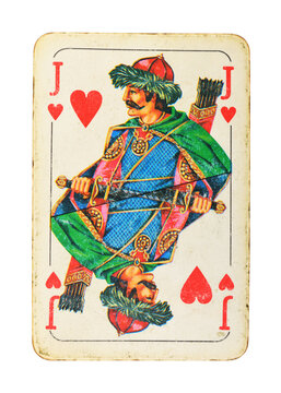  Old vintage Jack of Hearts playing card isolated on white.