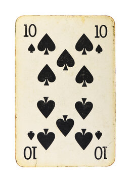 Old vintage Ten of Spades playing card isolated on white.
