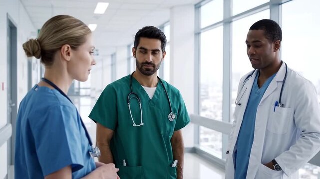 Medical professionals converse while standing together in bright hospital corridor, with doctors and nurse wearing scrubs and stethoscopes during workplace discussion