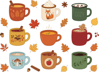 Obraz premium A collection of nine cozy autumn themed mugs decorated with seasonal patterns and warm beverages.