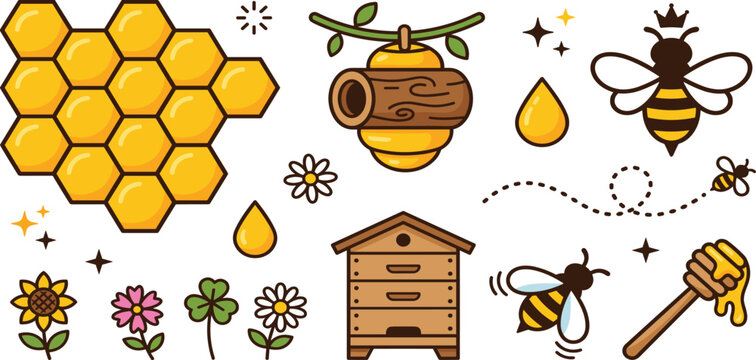 Cute Beekeeping and Honey Production Vector Icon Set Featuring Honeycomb Queen Bee Hive Dipper and Wildflowers for Organic Apiary Brand Graphic Designs