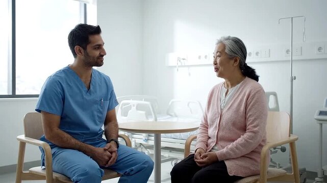 Healthcare professional in blue scrubs talking with smiling older woman seated in hospital room, friendly patient conversation and supportive consultation in clinical interior