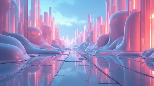 Abstract 3D illustration of a futuristic city skyline with glossy, organic shapes and mirror-like surfaces. Cool blue and pink neon colors create a dreamy, surreal sci-fi atmosphere.