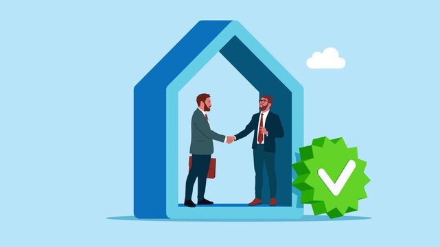 Purchase and pick real estate home. Safe property purchase deal, transaction security. Shaking hand after business deal. Business 2d animation video