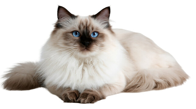 Fluffy Birman cat with blue eyes and cream colored fur lying down