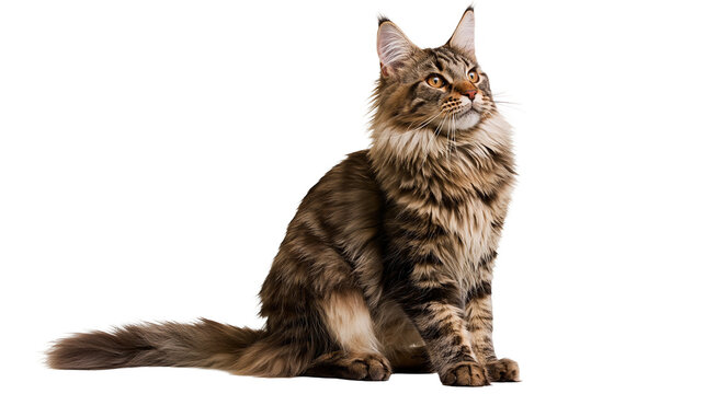Brown tabby Maine Coon cat sitting with alert expression and fluffy fur