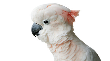 Moluccan cockatoo with soft pink plumage and dark grey beak profile portrait © Elowen
