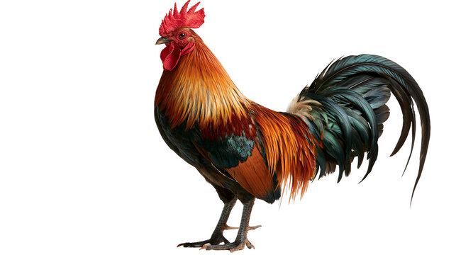 Colorful rooster with vibrant orange and green feathers standing in profile